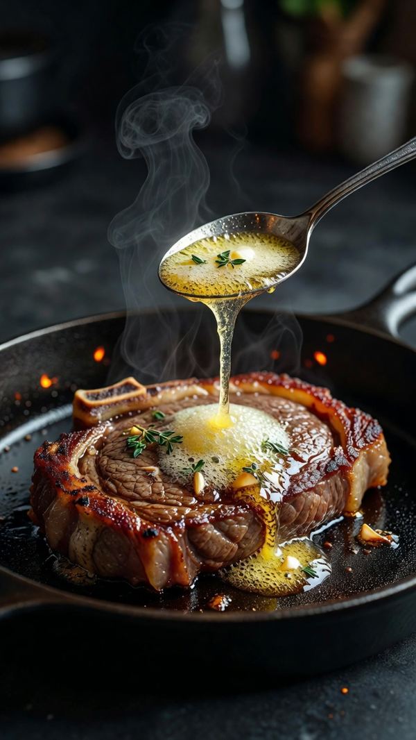 Steak basted with butter in a pan