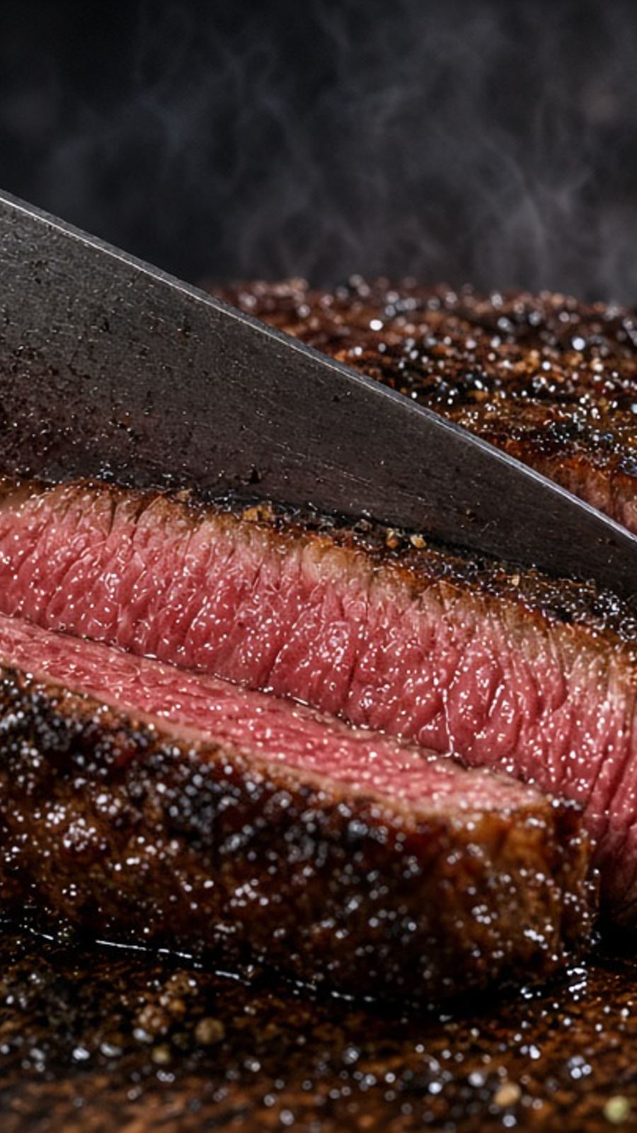 Sliced steak with a dark crust