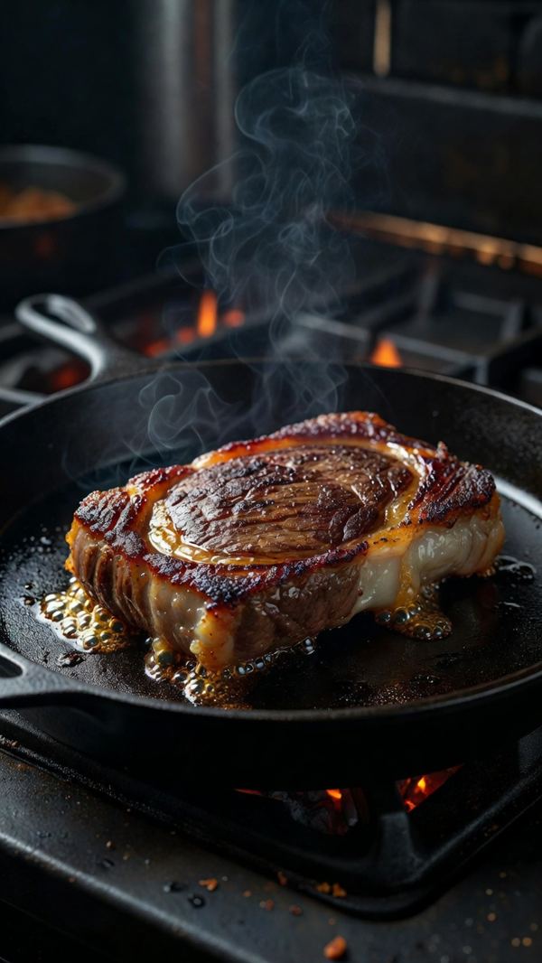 Steak searing in a cast iron skillet