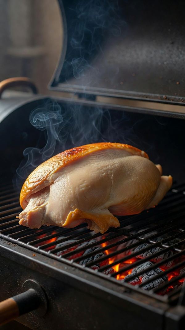Poultry finishing over glowing coals